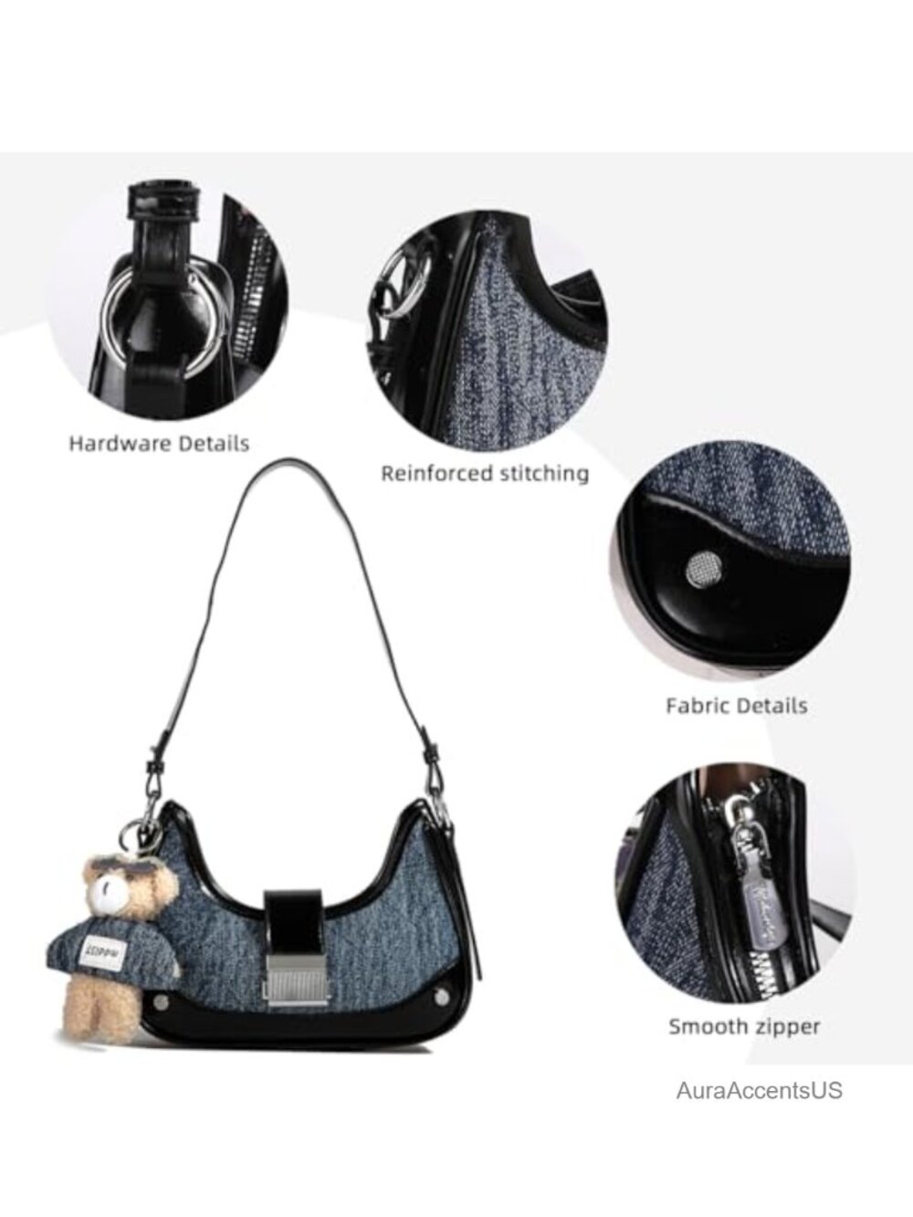 Denim & Leather Patchwork Shoulder Bag Vintage Satchel with Bear Charm - Picture 5 of 6